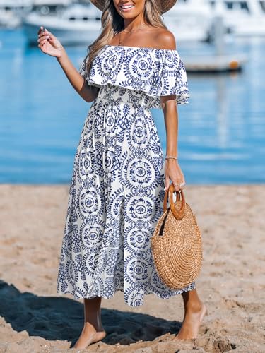 Image of CUPSHE Women Ruffle Floral Maxi Summer Dress Off Shoulder Short Sleeve Backless Flounce Bodice Slit Hem Beach Dresses