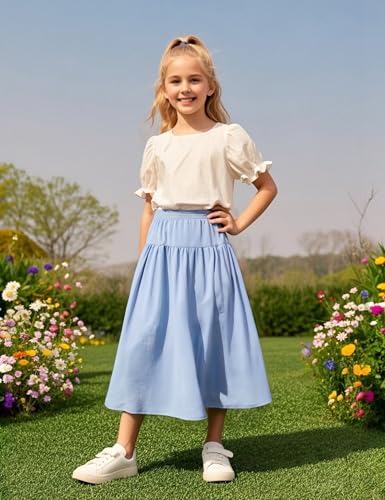 Image of Girls' Skirt A-Line Long Skirt School Uniform Skirt with Pockets, 4-13Y