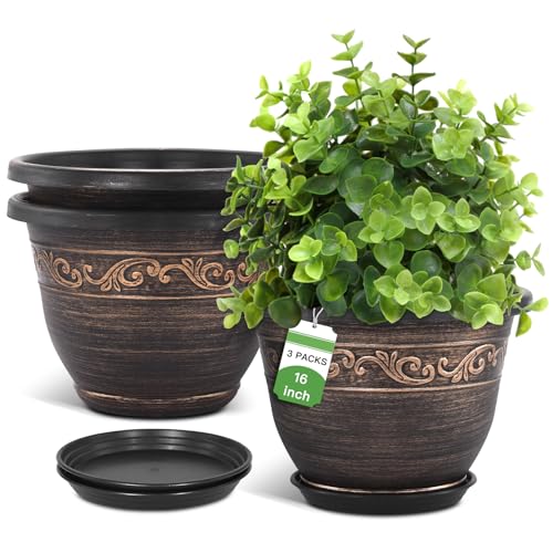 Plastic-Plant-Flower-Planters-16-Inch-with-Drainage-Hole-Saucer-3-Packs-Lightweight-Small-Resin-Flower-Pot-Indoor-Outdoor-Retro-Antique-Imitation-Decorative-Garden-Containers-Sets-for-Houseplants Plastic Plant Flower Planters 16 Inch with Drainage Hole Saucer 3 Packs Lightweight Small Resin Flower Pot Indoor Outdoor Retro Antique Imitation Decorative Garden Containers Sets for Houseplants