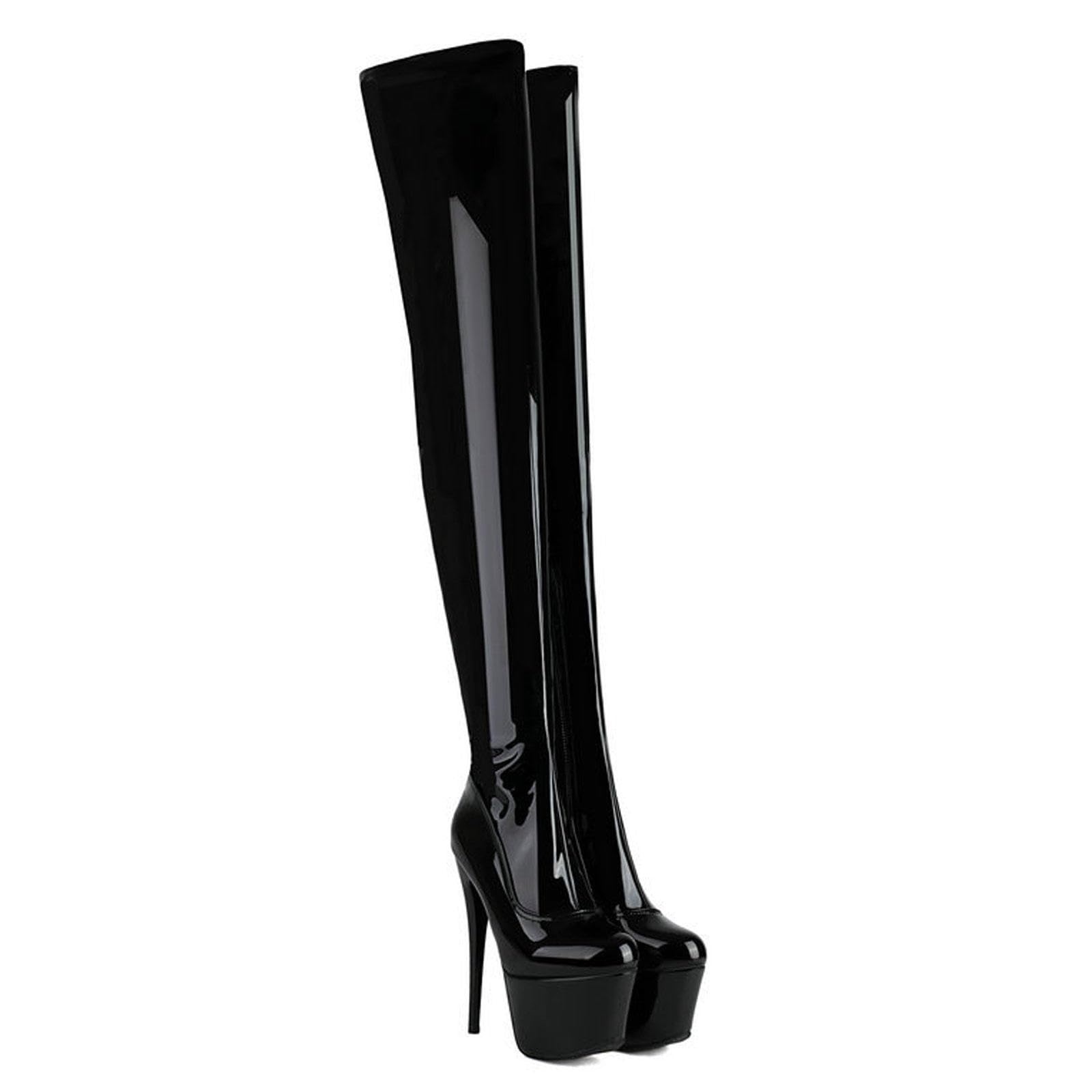 Talons Hauts Bottes Plateforme Au Dessus Du Genou Femmes Bottes Talons Aiguilles Extensibles Cuissardes Chaussures Soirée 15,5cm,Bright black-38