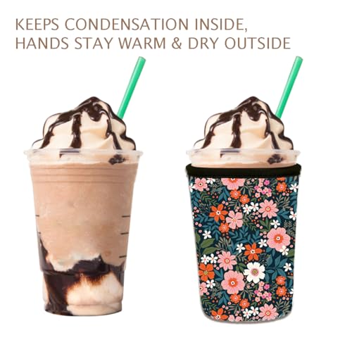 Image of Reusable 3-Pack Iced Coffee Cup Sleeve, Insulated Neoprene, Beverage Holder for Iced Coffee, Durable Drink Sleeve for Cold Beverages, Bloom Garden