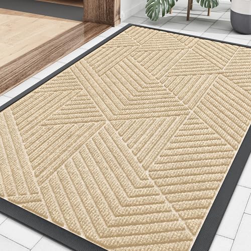 Image of Smiry Front Door Mat Outside Entrance, Heavy Duty Sturdy Natural Rubber Doormat, Trap Dirt and Moisture, Easy Clean Low Profile Mats for Indoor Outdoor Entry, Irregular Triangle (29.5x17, Beige)