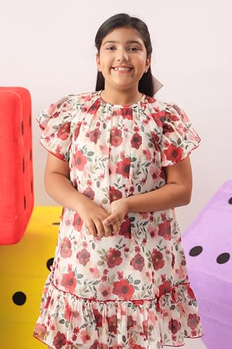 Image of Kids Girls Printed Embroidered Fusion Dress | Handmade Crafted Designer Ethnic Wear | 100% Cotton