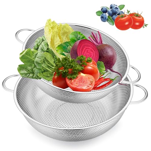 2 Pcs Coladores Microperforados de Acero Inoxidable con Asa, Escurridor de Verduras Acero Inoxidable para Escurrir y Filtrar Pasta, Arroz, Frutas y Verduras, Apto para Lavavajillas, 19 cm/22 cm