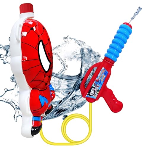 Minaso Backpack Water Gun for Kids, Superhero Squirt Gun, 1.3L Cartoon Summer Outdoor Toys with Adjustable Straps for Swimming Pool Backyard Beach Water Fight Game (Red)