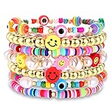 BVGA Beaded Stretch Bracelets for Women Rainbow Heishi Bracelet Set Colorful Clay Flower Evil Eye Gold-tone Beads Bracelet Summer Beach Bracelets Jewelry