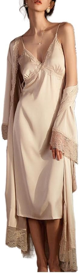 Women's Sexy Silk Long Cami Sleepwear and Lace Robes Wedding Bridesmiad Pajama Sets