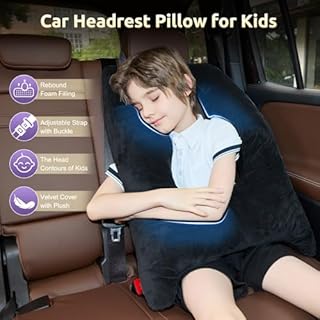 FAIORD Car Pillow for Kids Travel Pillow with Adjustable Strap,Children Neck Pillow for Car Headrest to Support Head and Body Road Trip Essentials (Dark Black)