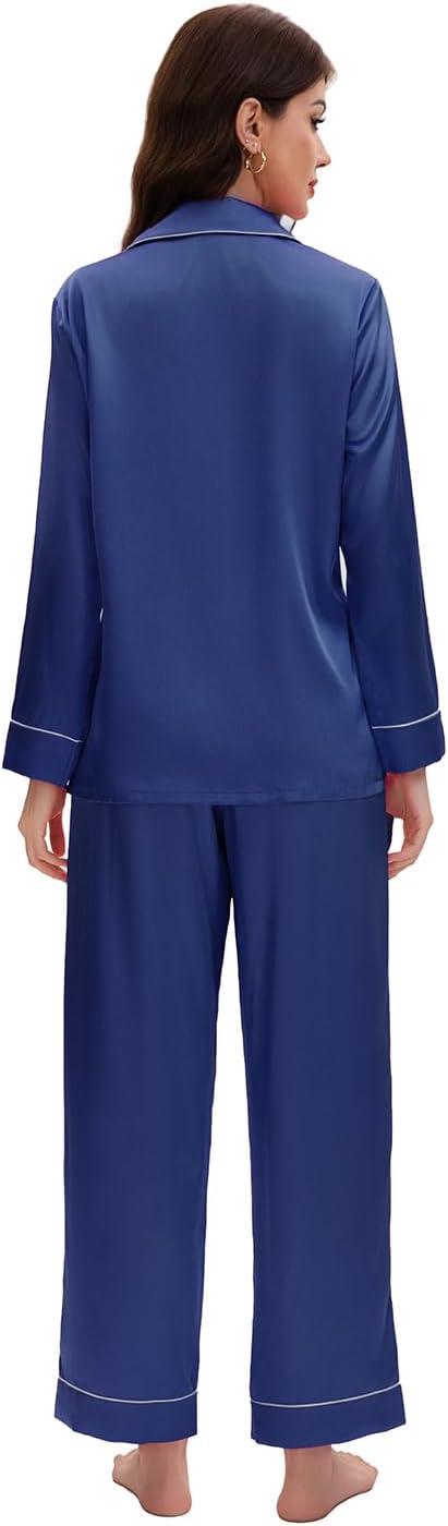 Maxbee Women's Satin Silk Pajamas Set, 2 Piece Notch Collar Silk Pjs, Button UP Pajama with Long Sleeve and Pants Silky - Image 4