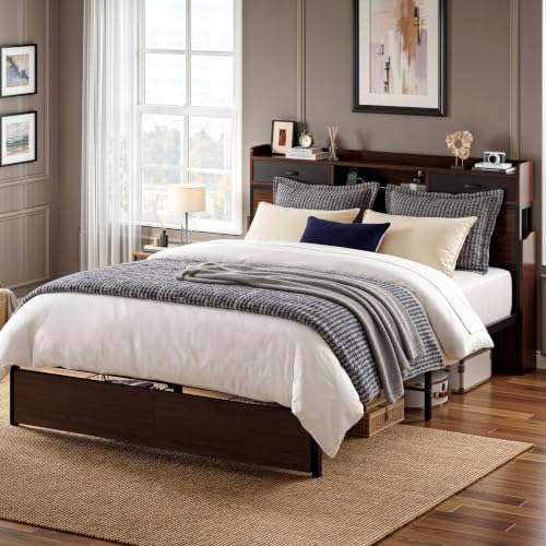 Image of LIKIMIO Queen Bed Frame with Storage & 4 Drawers & 2 Nightstands Walnut | Slide Out Bedside Nightstands, Storage Shelf, Charging Station, No Box Spring Needed, Easy Assembly, Mid-Century Modern
