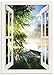 ARTland Wandbild Alu Verbundplatte für Innen & Outdoor Bild 70x100 cm Fensterblick Fenster Landschaft Wald Natur See Angelsteg Sonne Frühling T1JK