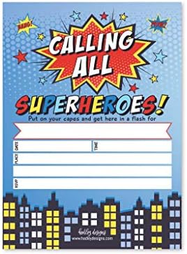 25 Superhero Birthday Invitations, Comic Book Theme Kids Bday Invites Idea, Calling All Boys Girls Coed Baby Party Style Supplies, Children Sleepover Pool Event Printed or Fill In the Blank Card Bulk