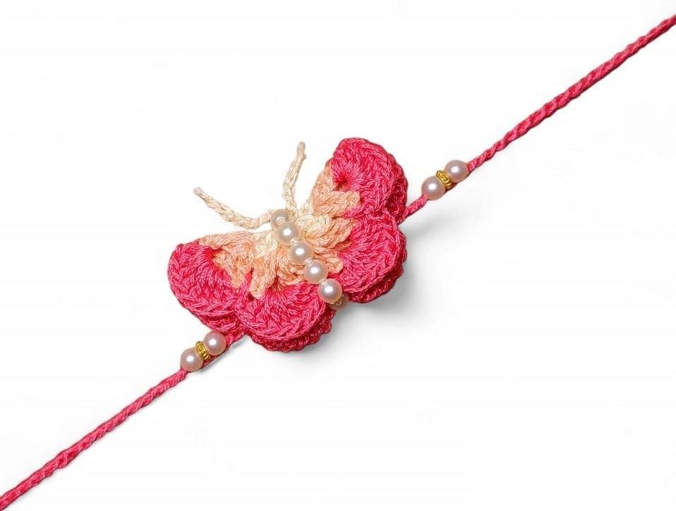 Image of Designer Butterfly Rakhi For Kids Baby Brother Bhai Sister Girls | Handcrafted With Soft Cotton Thread | Butterfly Crochet Rakhi For Kid Baby Boy Bro Brother Bhai Bhaiya Girl Sister Niece | Eco-Friendly & Soft on Skin | Pink Colour | Buy 2 Save 20%