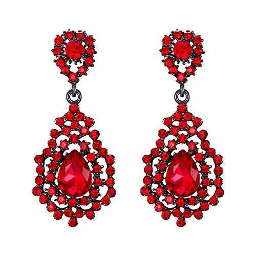 EVER FAITH Pendientes colgantes de cristal austriaco Art Deco para mujer, color rojo y negro Cover