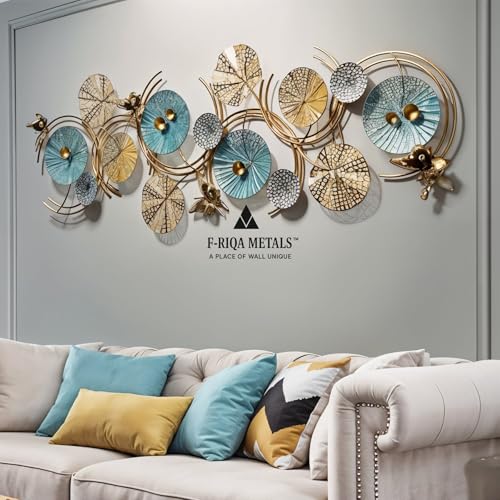 Image of F-RIQA METAL Metal Wall Art Floral Design with Butterfly Accents | Teal Gold Silver 3D Modern Wall Decor | Large Metal Wall Hanging for Living Room Bedroom Hallway Office (124 x 54 cm)