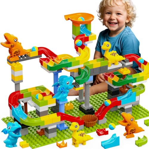 Dinosaur Marble Run Building Blocks, 148PCS Compatible with Lego DUPLO Marble Runs for Kids 4-8, Montessori Educational Learning STEM Toys, Dinosaur Toys for Kids 3-5, Toddler Toys for Age 3+, Gift