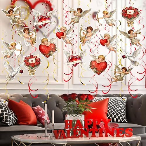 Image of Valentine's Cupid Party Streamers, 48 PCS Romantic Hanging Swirl Decorations - Angel, Heart & Rose Motifs for Valentine's Day, Weddings & Anniversary Parties