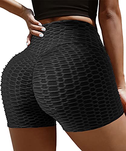 FIGKICKSEN Booty Shorts for Women High Waisted Butt Lifting TIK Tok Workout Booty Scrunch Spandex Gym Textured Yoga Short Black