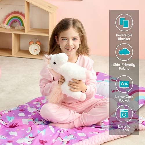 Image of JOIEDOMI Toddler Sleeping Bag for Kids 55''x30'' Nap Mat with Removable Pillow and Minky Blanket for Toddler Ages 3-7 Roll Up Soft Kids Sleeping Bag for Boys Girls Kindergarten Daycare Sleepover