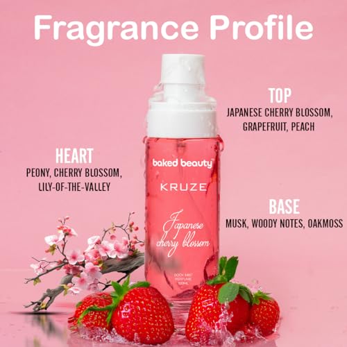 Image of BAKED BEAUTY Kruze Japanese Cherry Blossom Perfume Body Mist | Refreshing Long Lasting Tropical Fragrance|Double Duty Mist For Hair & Body| Travel-Friendly Perfume Body Spray for Women- 100ml