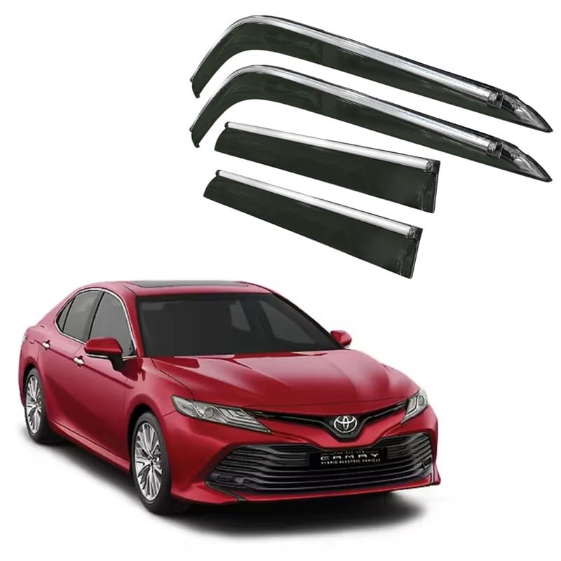 Image of CAR SAAZ Side Door Visors for Camry (2019-2024)(Set of 4Pcs)|Chrome Lined Rain Guards, Polycarbonate, Smoke Finish