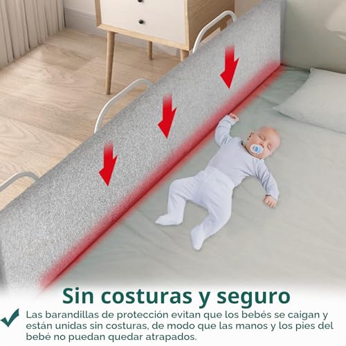 Miniatura 6 de Uisebrt Barrera De Seguridad 100 Cm, Barrera De Cama Para Bebé, Protección Contra Caídas, Altura Ajustable, Barandilla Protectora De Cama Deformables Para Niños Y Bebés, Gris