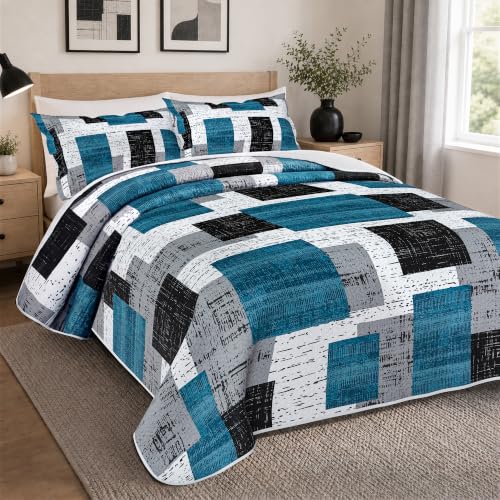 Image of Tyrot 3 Piece Teal Blue Quilt Full /Queen Black White Gray Bedding Set