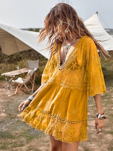 Image of Eomenie Women's Contrast Lace Bathing Suit Cover Up V-Neck Swimsuit Coverups Loose Swimwear Beach Dress Beachwear