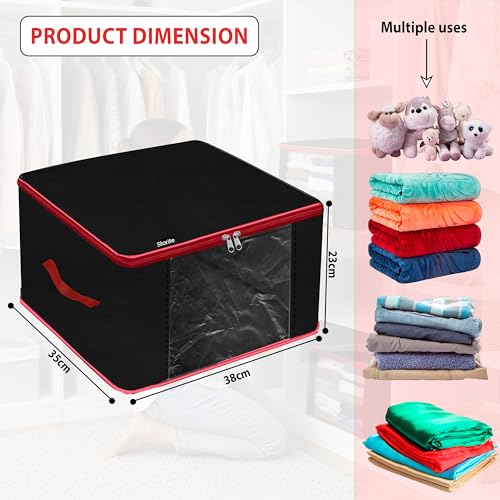 Image of Storite 5 Pack Nylon Underbed Storage Bags for Clothes with Zipper & Handle | Moisture-Proof Wardrobe Organizer Box for Sarees, Blankets & Toys | Foldable Cloth Storage Bags (Red & Black, 38x35x23 cm)