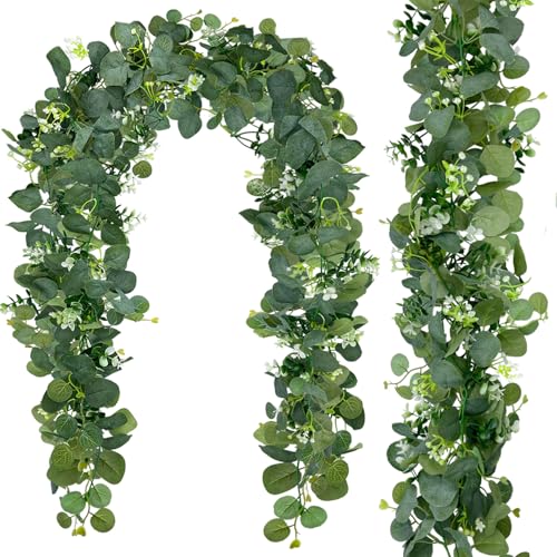 Satefello 2 Packs Artificial Eucalyptus with Flowers,Fake Garland for Wedding, Faux Greenery Garland Vines Table Runner,Summer Floral Decorations for Hanging,Wedding Backdrop,Indoor