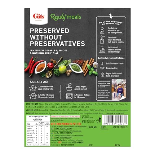 Image of Gits Ready to Eat Dal Makhani, Pure Veg Heat and Eat Indian Meal, Microwaveable, 900g (Pack of 9, 300g Each)