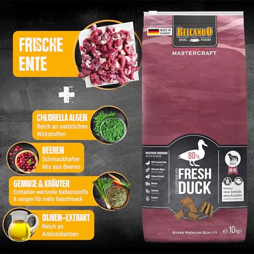 BELCANDO MASTERCRAFT Hundefutter trocken Fresh Duck, 10kg, Trockenfutter für Hunde mit Ente, 80% Frischfleisch, getreidefrei, für alle Rassen, Made in Germany