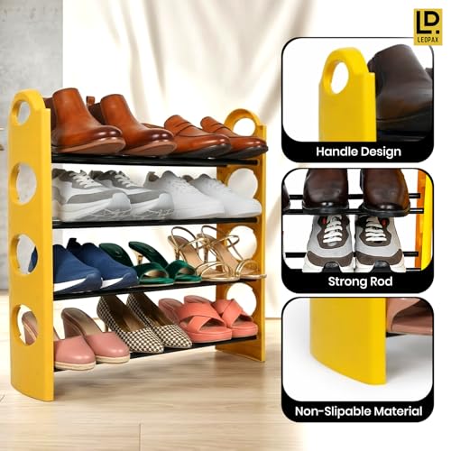 Image of LEOPAX Kaan Premium Multipurpose Shoe Rack | 4-Tier Shoe Storage Organizer, Space-Saving Design, Sturdy & Durable Rack for Entryway, Living Room, Bedroom & Closet - Yellow