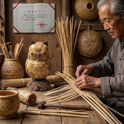 “Sovereign of The Bamboo Grove” Owl Statue – A Masterwork in Bamboo Shoot Shell &amp; Woven Bamboo for Mantel &amp; Library, on Natural Root Base, 11.8″H