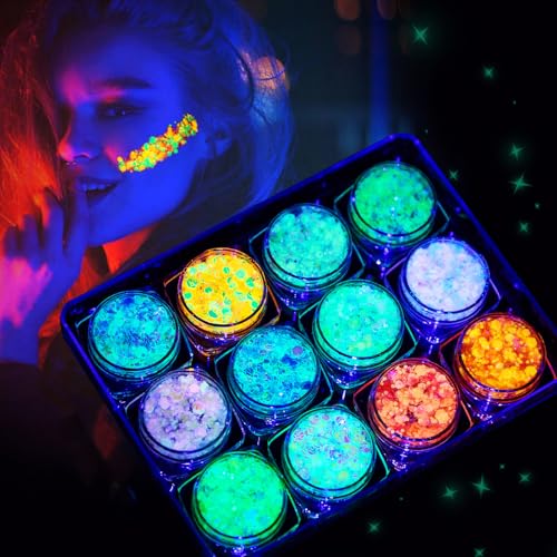 12 colores lentejuelas cara festival gel maquillaje fluorescente en negro y fosforescente, lentejuelas para cabello y cuerpo, lentejuelas maquillaje para fiestas, Halloween, bodas y conciertos