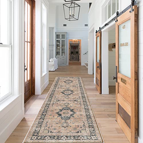 Hallway Washable Runner Rug - 2x7 Kitchen Rugs Entryway Rug Runner Vintage Soft Floor Mat Non Slip Indoor Farmhouse Carpet for Bathroom Living Room Bedroom (2 X 7, Orange)