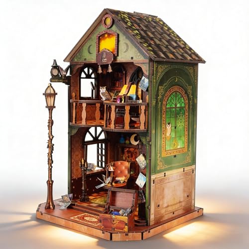 Book Nook DIY Miniature House Kit, 3D Wooden Puzzle Coffee House Dollhouse with Light & Tools, Creative Bookshelf Insert Craft Gifts for Adults Teens (Owl Library)