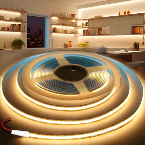 KSIBNW Tira de LED COB 12V, 5M Tira Luz LED Blanca Cálida 3000K Luces LED Habitacion Anchura 8mm Luz de Cuerda Cortable Flexible CRI90 para Fondos de TV, Cocina, Fiesta, Sin Fuente de Alimentación