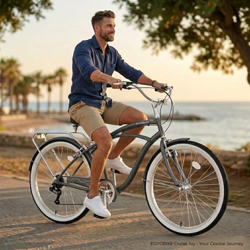 Image of MOONCOOL Beach Cruiser Bike for Women and Men, 24 /26 Inch 7-Speed Adult Bicycle, Comfortable Step-Through Frame with Rear Rack, Classic City Cruiser