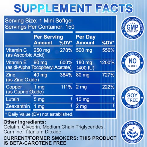 AREDS 2 Eye Vitamin & Mineral Supplement — Lutein and Zeaxanthin Supplement, Vitamin C & E, Zinc & Copper for Blue Light Protection, Eye Health Support, Eyebright , Eye Doctor Trusted — 150 Softgels — view 2