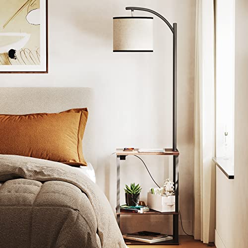 Sunmory Floor Lamp With Charging Station(Usb & Ac Port), Rustic End Table Lamp With Shelves & 3-Color Temperature Led Bulb, Lamp Table For Living Room, Walnut #TOP4
