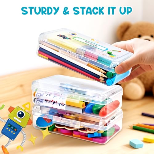 GAMENOTE Plastic Pencil Box with Personalized Sticker,Kids Large Hard Pencil Case with Snap-tight Lid,Clear Crayon Maker Organizer,Small Art Craft Storage Containers,School Supplies Box for Boys,Girls