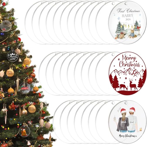 HOODO 30 Pieces Clear Acrylic Ornament Blanks 3 Inch Acrylic Circle Blanks with Hole Clear Glass Disc Ornaments for DIY Craft Project