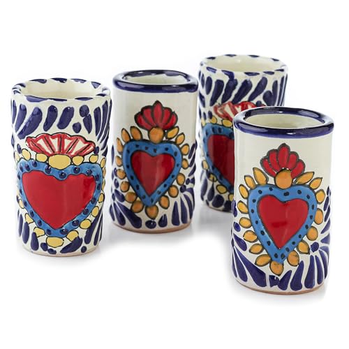 Image of Talavera Shot Glasses Set of 4 Authentic Mexican Tequila Shot Glasses - Hand-painted - 2 Oz (Azure Heart)