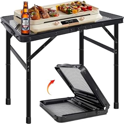 HPC Decor Folding Grill Table-Camping Table with Mesh Desktop,Portable Picnic Table with Carry Handle,27/56cm Height Adjustable Metal Table-Outdoor Grill Table,Folding Table for Outside Inside Use.