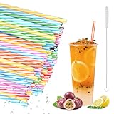 100 pajitas reutilizables de plástico con 2 cepillos para pajitas, pajitas gruesas de plástico, adecuadas para zumos, cócteles, batidos y bebidas calientes, longitud 23 cm, diámetro 7 mm