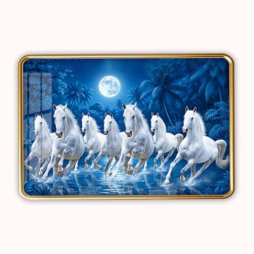 Image of 7 Running Horses Photo Frame, Ultra High Gloss Lamination, Vastu Painting for Living Room, Office, 12x18 Inch (Design 22)