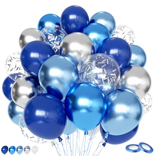 Image of Metallic Blue Silver Balloon, 60 Packs 12 Inch Different Shades Chrome Blue Balloons with Silver Confetti Balloons for Birthday Wedding Bridal Baby Shower Graduation Father's Day Decorations