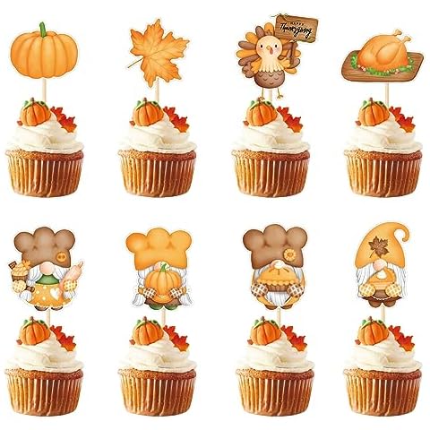 Qttier 24Pcs Thanksgiving Cupcake Toppers for Fall Party, Pre-assembled Fall Themed Cupcake Topper for Thanksgiving Day, Fall Party Decoration Supplies Cover