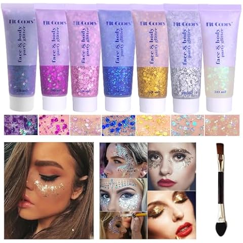 Body Glitter Face Glitter Gel: Singer Concerts Disco Festival Rave Accessories Face Glitter Makeup 150ml Chunky Sequins Mermaid Face Body Hair Glitter Gel (White&Silver&Pink&Gold&Blue&Purple&Rose) Cover